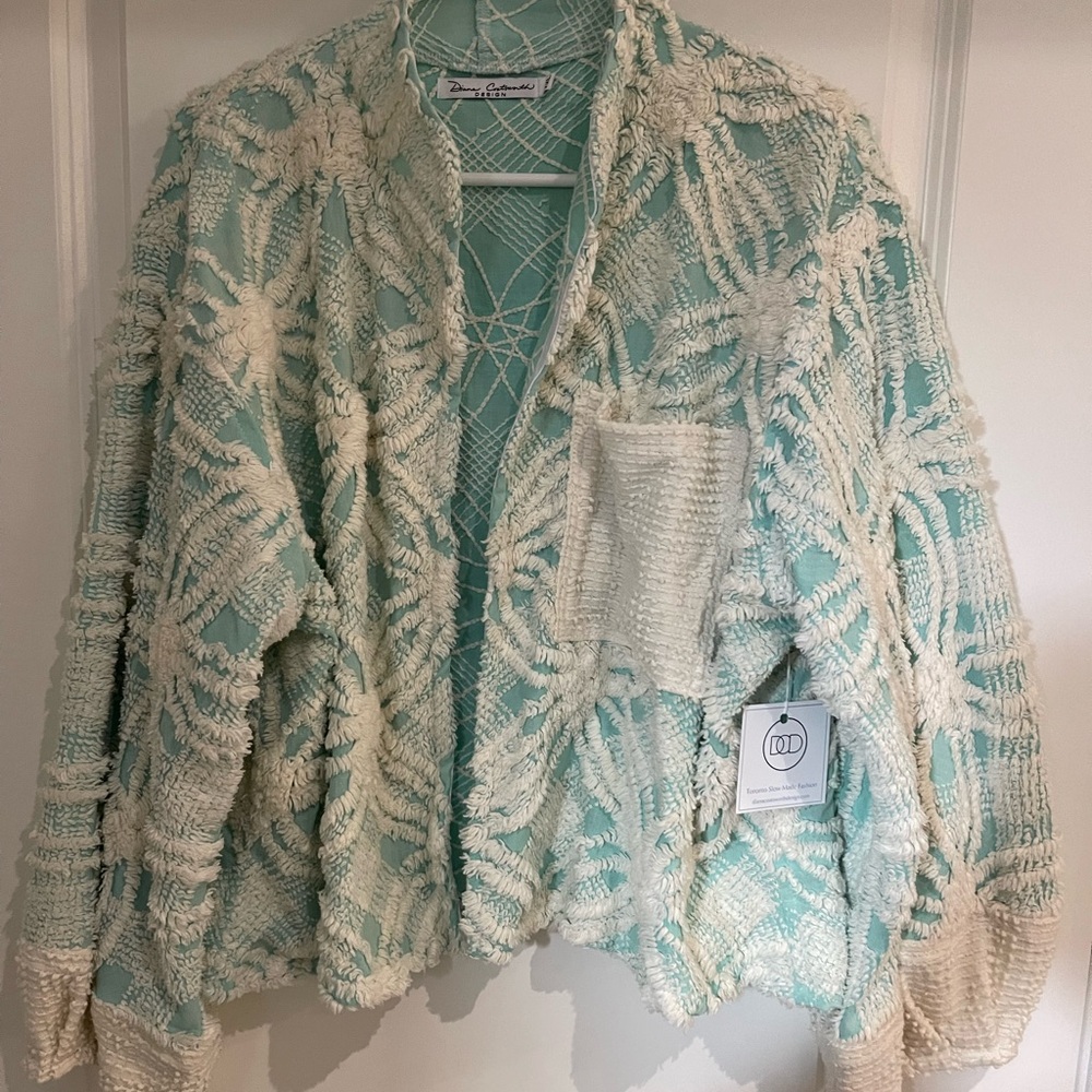 Cream and Blue Upcycled Chenille Cropped Jacket